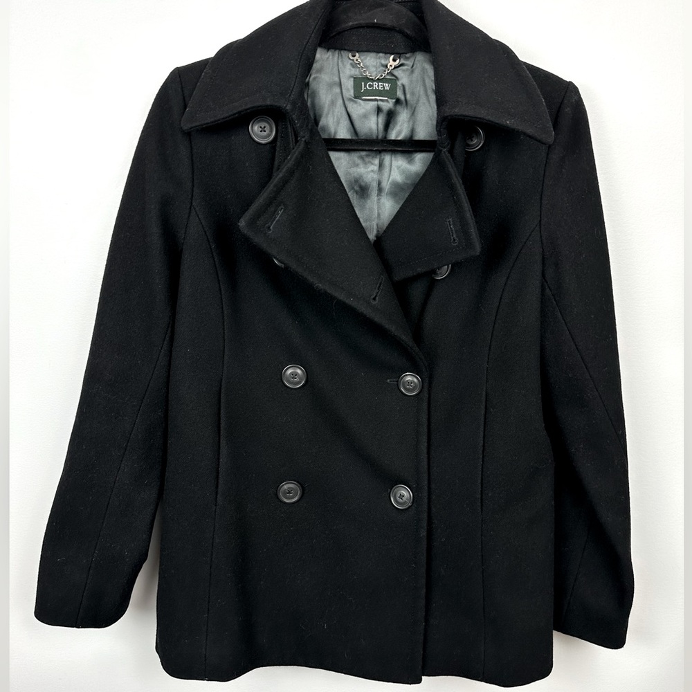 J Crew Womens Small Black Coat Pea Coat Wool Double Breasted Side Pockets DA